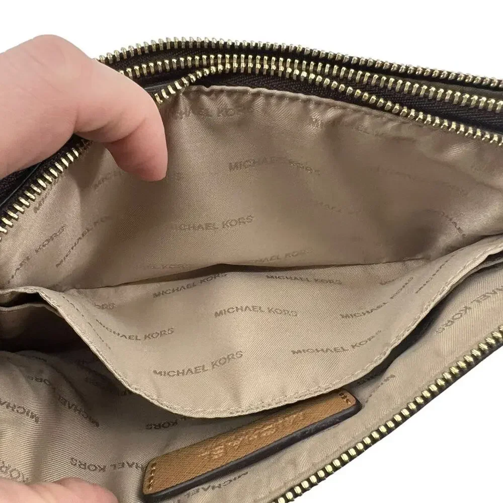 Michael Kors Double Zip Wristlet Leather Brown Tan